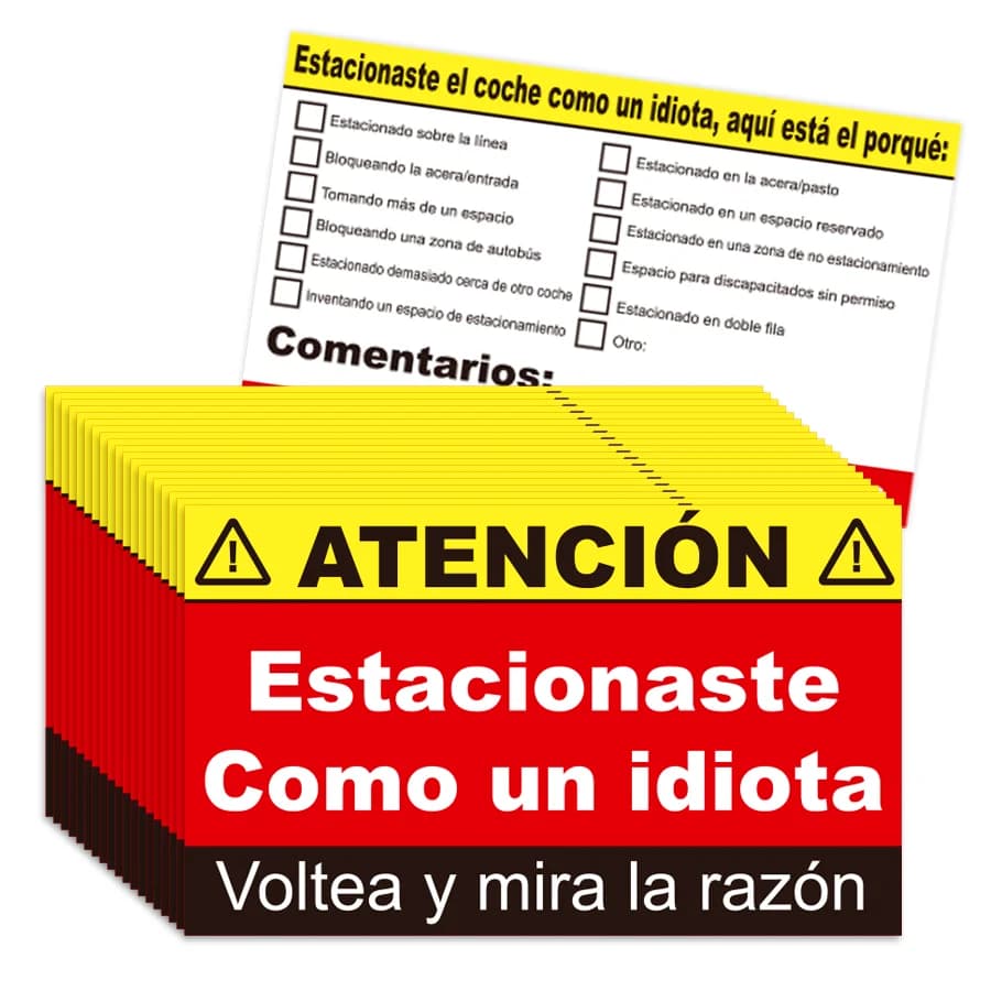 100 pcs Spanish Parking Violation Cards - Unauthorized Parking Reminder, No License Zone Alert, with Pre-Printed Message.