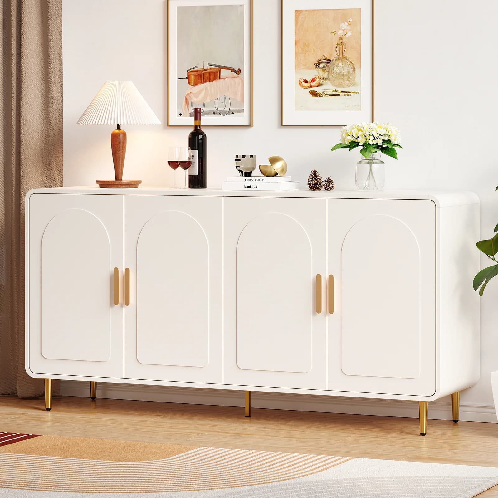 60" Sideboard Buffet Cabinet with Storage, Curved Design Cabinet with 4 Doors & Adjustable Shelves Modern Console Table