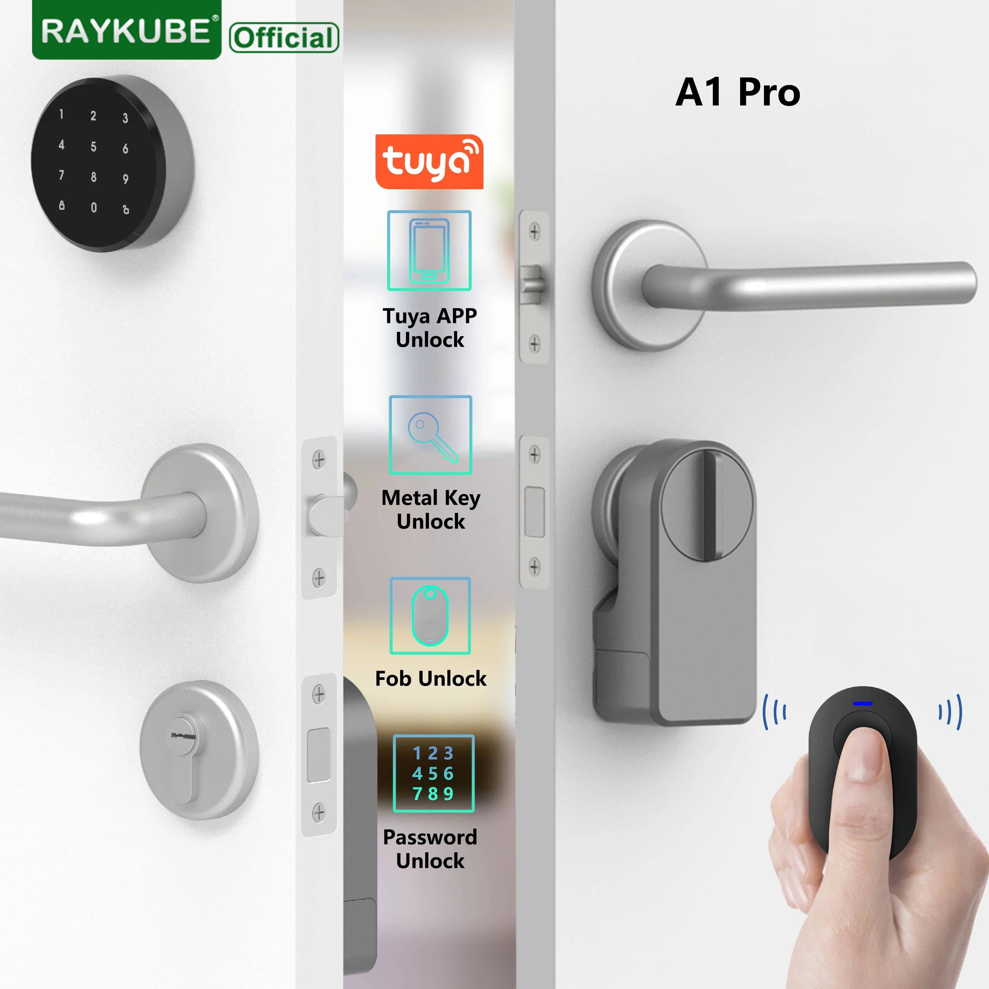 RAYKUBE A1 Pro Tuya BEL Smart Electronic Door Lock Set with Fobs/Wireless Keypad/Smart Key Smart Life/Tuya APP Remote Unlock