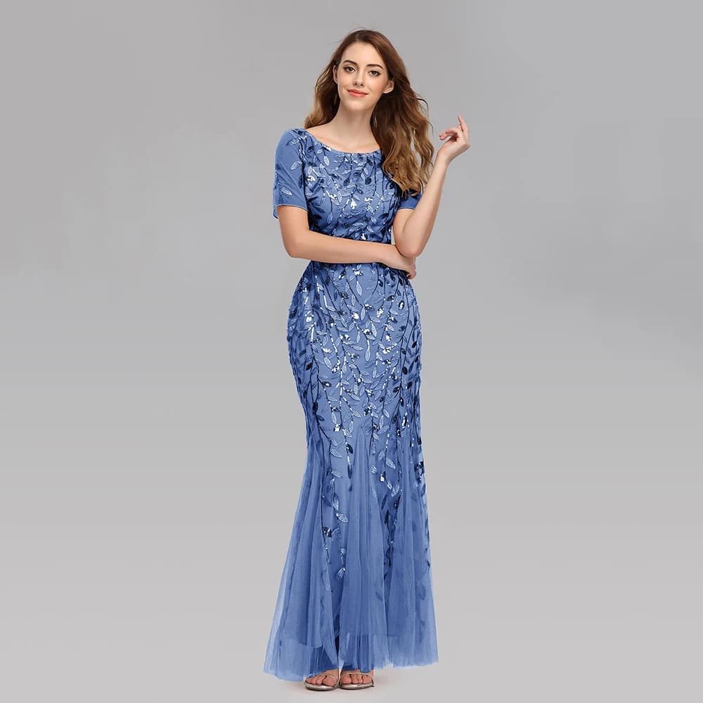 Embroidered beaded Fabric Prom Dresses Sugar Color O-Neck Short Sleeve Elegant Little Mermaid Dresses Formal Party Gowns 2021