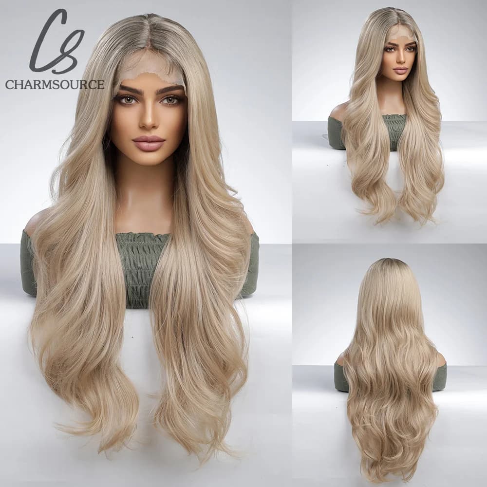 CharmSource Brown Blonde Long Wave Wigs Synthetic Lace Front Wig for Women Hair Party Daily High Quality High Density