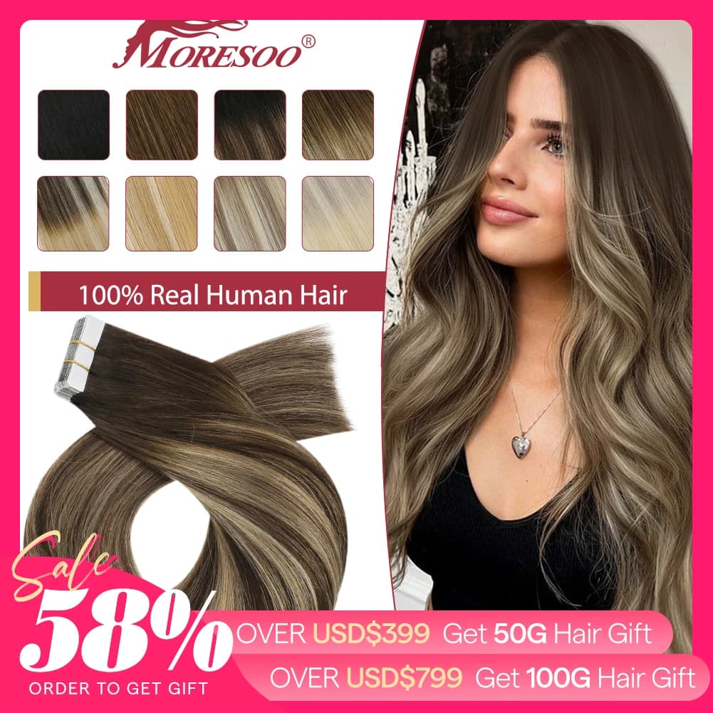 Moresoo 25G Tape in Human Hair Extensions 10 Pieces Natural Straight Remy Hair 14-24inches Blonde Hair Tape in Hair Extensions