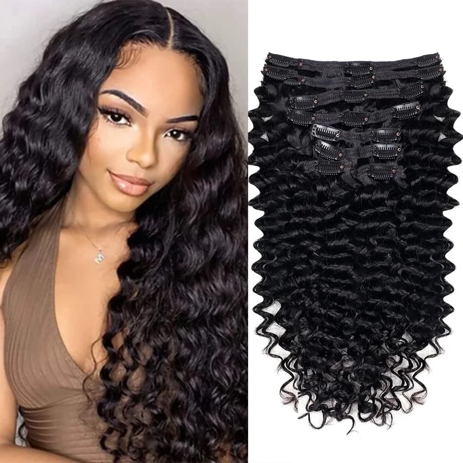 8Pcs/Set 18 Clips Hair Extension Black Deep Wave Natural Hair 20 22 24 26 Inch Hairpiece Heat Resistant For Women Hairstyle