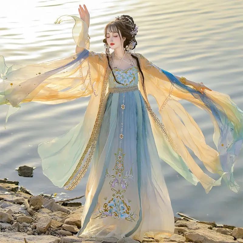 Chinese Hanfu Dress Women Traditional Embroidery Hanfu Carnival Fairy Cosplay Costume Gradient Purple&Yellow Hanfu Costume