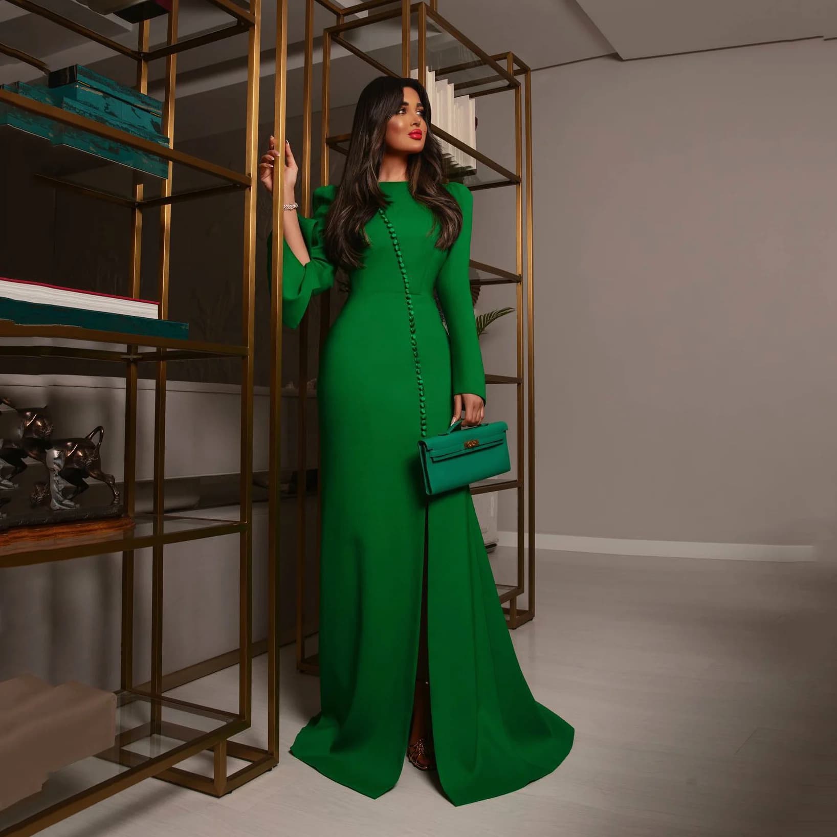 Msikoods Green Mermaid Evening Dress 2025 Long Sleeves Saudi Party Dress Special Occasions Dress Slit Buttons Formal Prom Dress