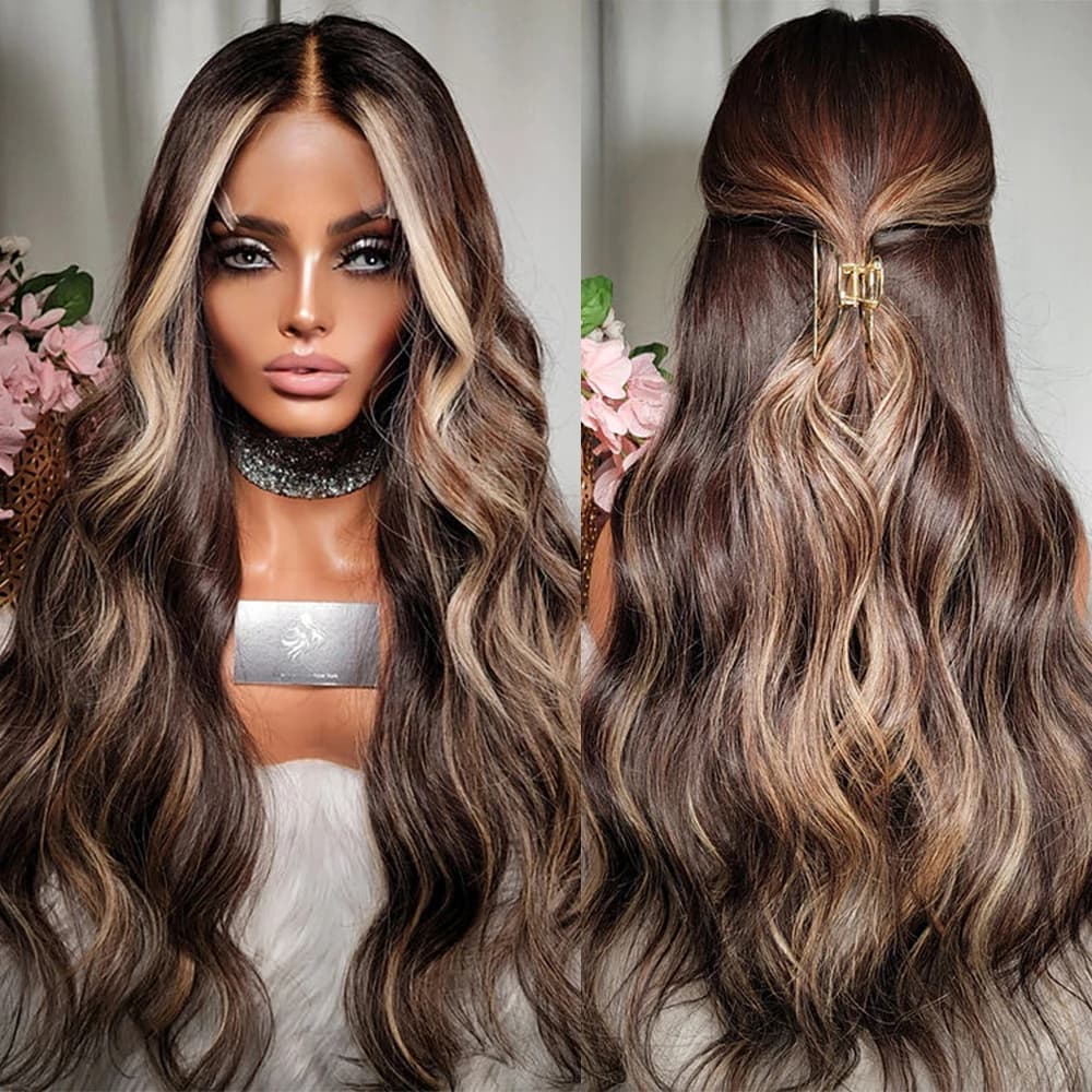 Honey Brown Blonde Long Wavy Wig 30" Ombre Brown Balayage Blonde Virgin Human Hair Full Lace Wigs Premium Hair HD Lace Front Wig
