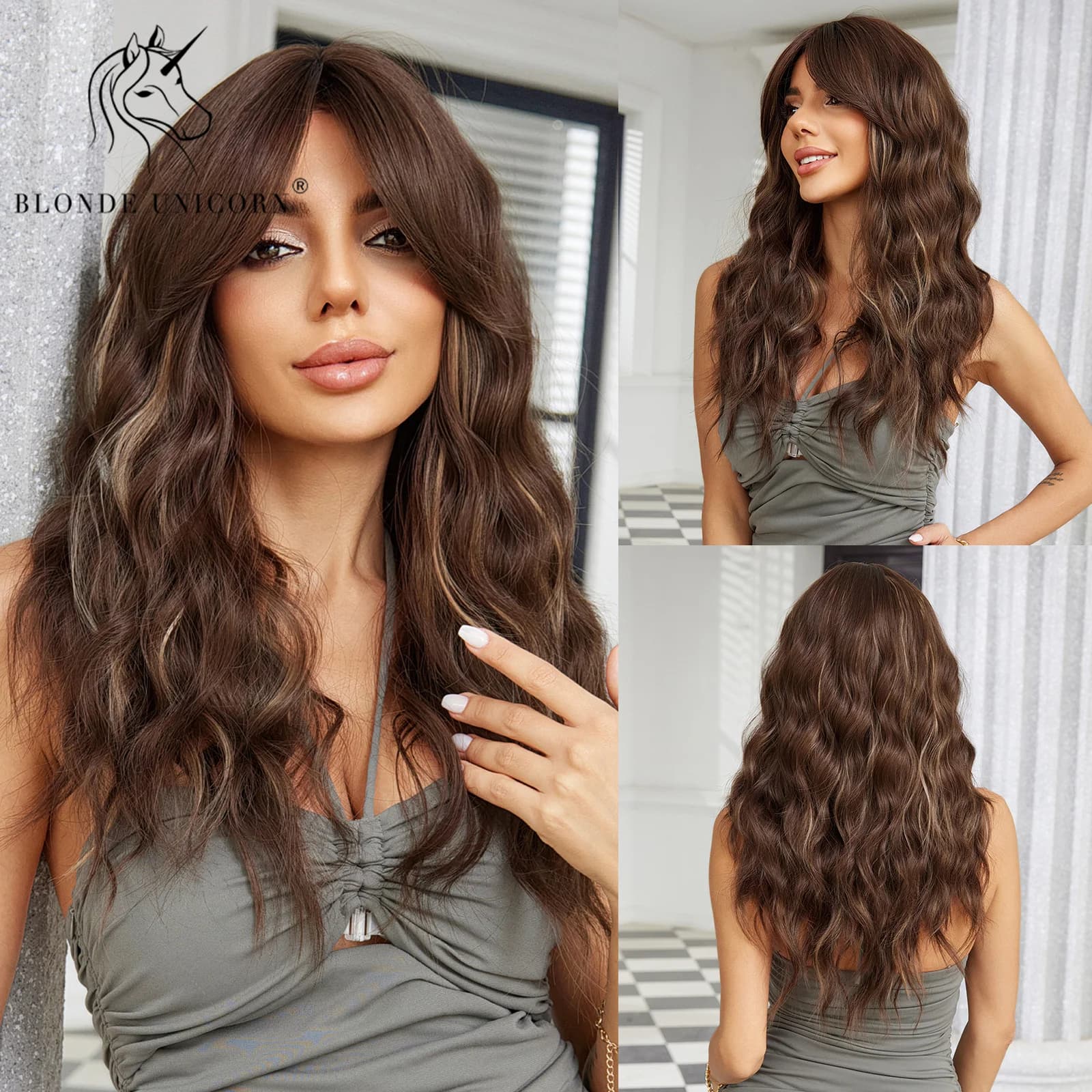 Blonde Unicorn Blonde Brown Synthetic Wigs Long Wavy Wigs with Bangs Daily Cosplay Party Use Heat Resistant Fiber for Women