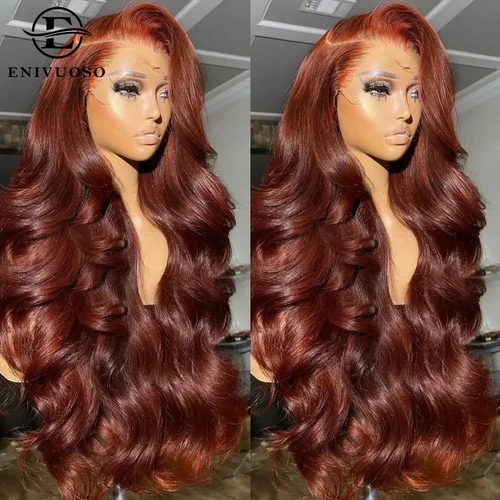 13x4 Reddish Brown Body Wave Lace Frontal Wigs For Women Auburn Brown Colored Synthetic Lace Front Wig Pre-Plucked Daily Use