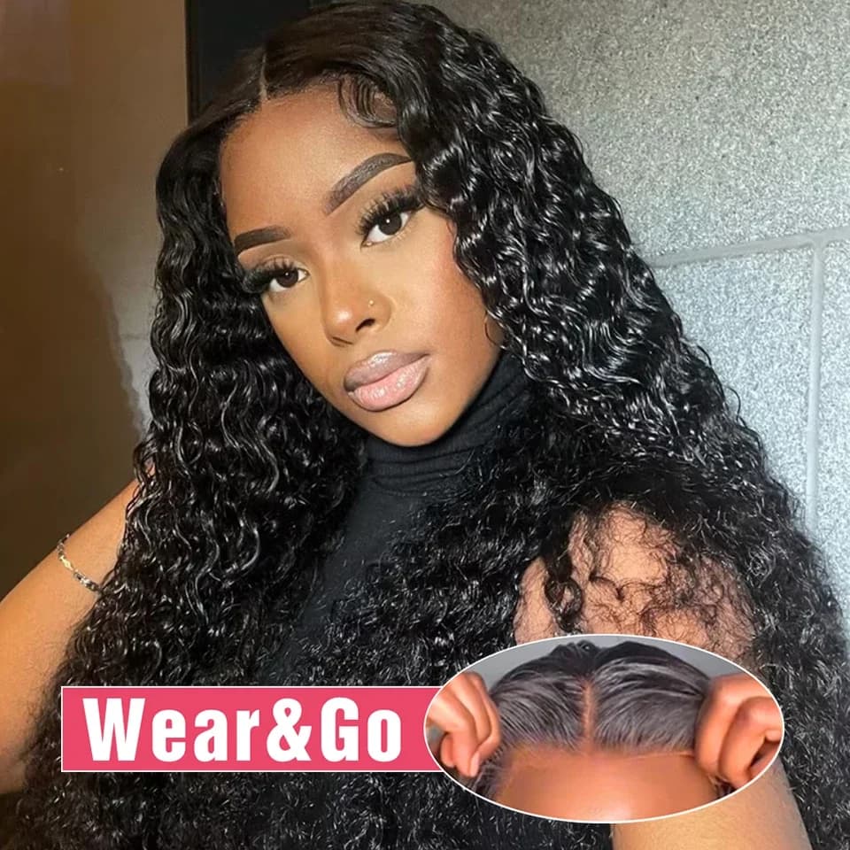Deep Wave Glueless Wig Human Hair Ready To Wear Curly 4x4 Lace Frontal Wig Preplucked Bleached Knots Pre Cut Lace No Glue