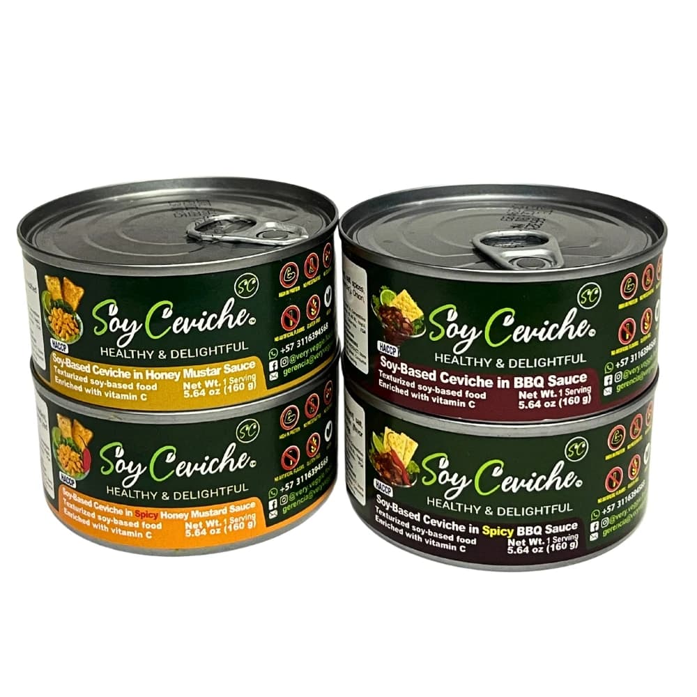 Soy Ceviche–4-Pack Honey Mustard & BBQ (Spicy & Mild)–5.64oz–Vegan Protein–Gluten Free– Ready to eat