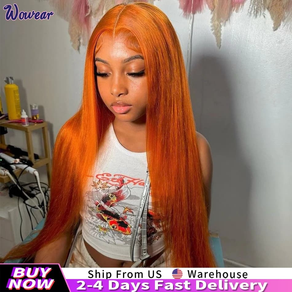 Straight Ginger Orange Human Hair Wig 30 Inches Lace Front 13x6 13x4 HD Frontal Colored Wigs Pre Plucked For Women 200 Density