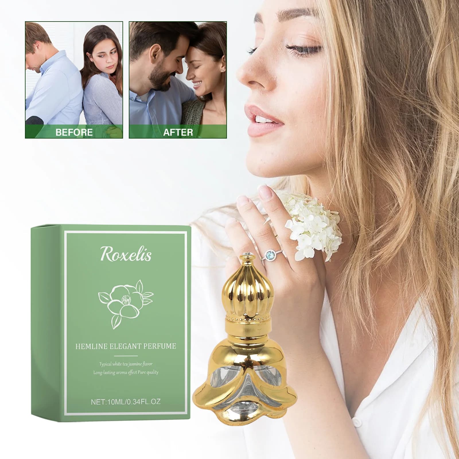 Roxelis Hemline Elegant Perfum White Tea Jasmine Fresh Fragrance Lasting Natural Mild Scent Date Encounter Portable Perfum0.34OZ