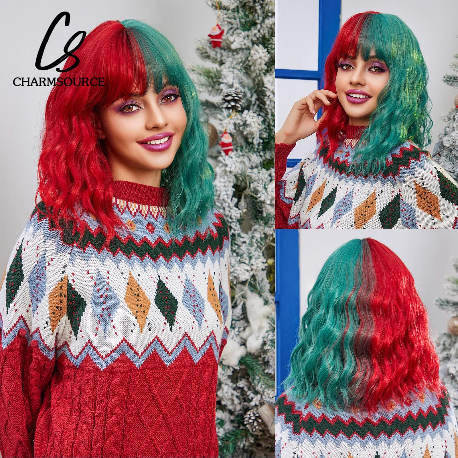 CharmSource Short Bob Wig Red and Green Wigs with Bangs Synthetic Wigs High Quality Women's Dress Original Cosplay