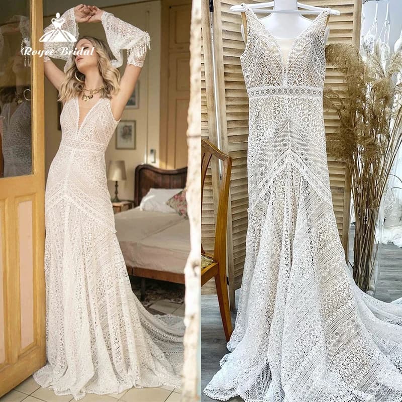 Boho V-neck Mermaid Vintage Vestido De Noiva Sweep Train Sleeveless Lace Backless Wedding Dress Women Bride Gown robe Customized