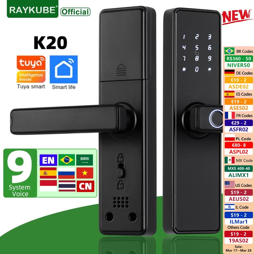 RAYKUBE K20 Tuya Bluetooth 9-language Fingerprint Door Lock Electronic Door Lock with Tuya /IC Card/Password/ Key Unlock