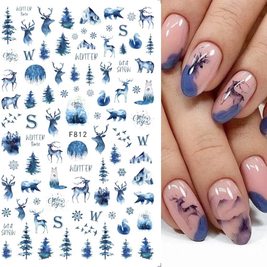 Blue Christmas Nail Art Stickers 3D Fir Elk Mountain Snowflake Holly Animal Winter Xmas Design Manicure Slider Decoration BEF812