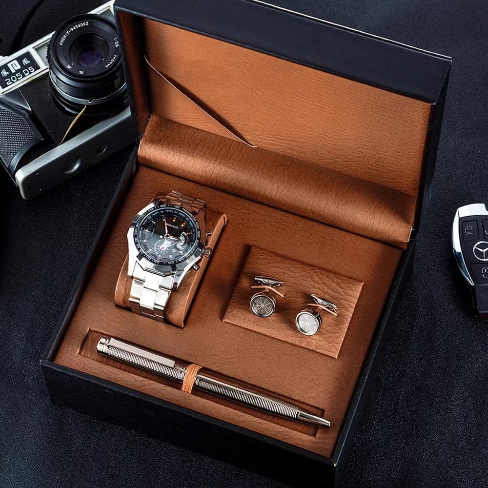 3Pcs Men Watch Gifts Set Fashion Calendar Quartz Wrist Watch Big Dial Watches With Cufflinks Signature Pen Gift Box For Male