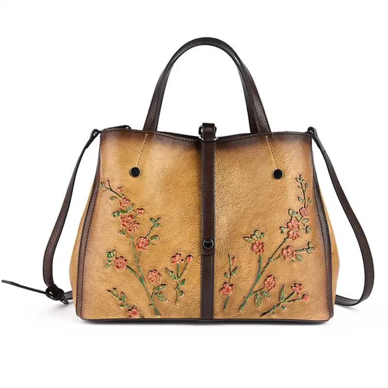 Nesitu New Vintage Brown Black Yellow Flower Pattern 100% Genuine Leather Women Handbag Shoulder Messenger Bags Tote Female M158