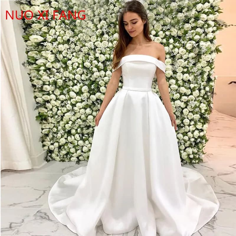 Customized Eightale Satin A Line Wedding Dress Strapless Off the Shoulder A Line White Simple Wedding Gowns vestidos de novia