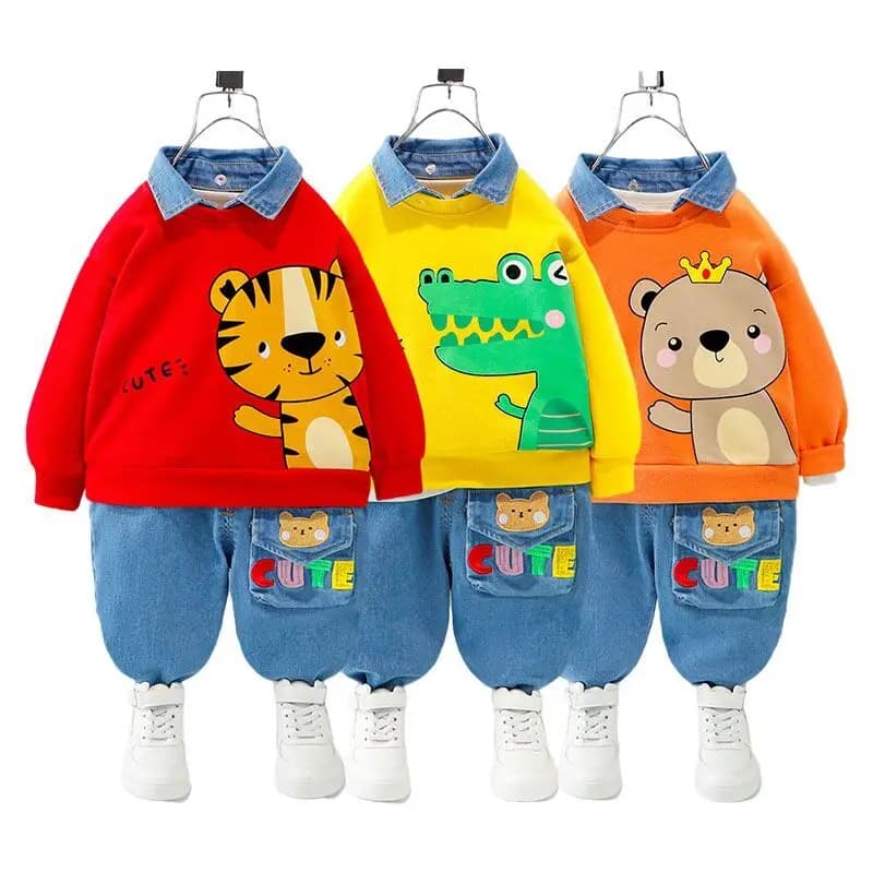 Baby Boys Clothes Set Newborn Infant Autumn Suit Cartoon Bear Sweatshirt Tops Jeans 2Pcs Outfits for Toddler Kids Sport Clothing