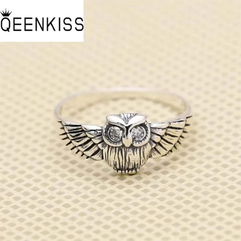 QEENKISS 925 Sterling Silver Ring for Women Men Vintage Adjustable Owl Zircon Ring Fine Jewelries Wholesale Party Gift RG6829