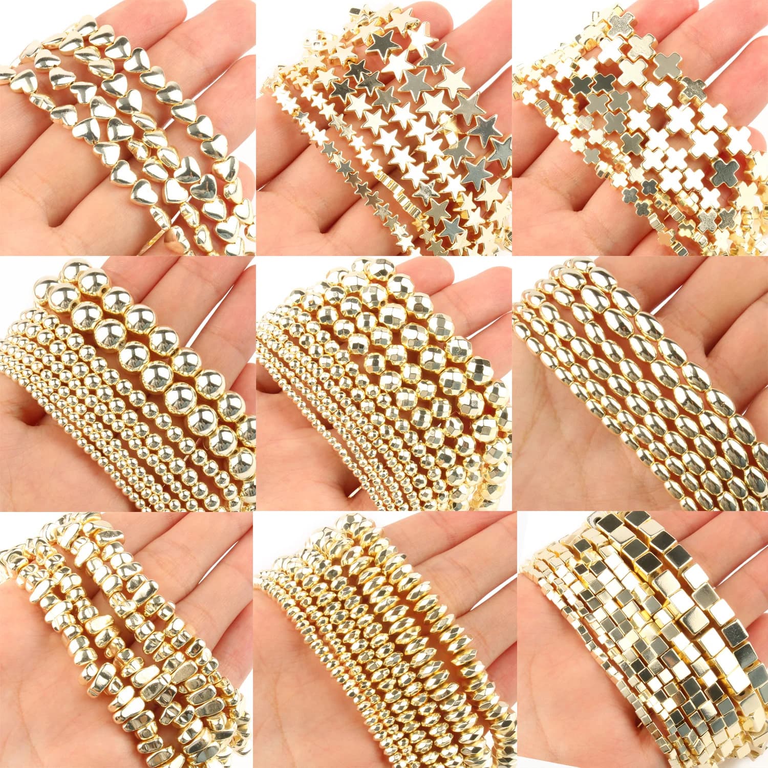 Natural 9k Gold-Plated Hematite Stone Beads Love Heart Star Cube Cross Beads for Jewelry Making Bracelet DIY Handmade Charms