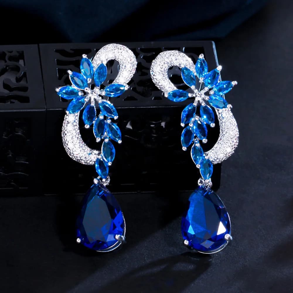 CWWZircons Brand Unique Design Silver Color Luxury Cubic Zircon Flower Drop Stones Long Royal Blue Earrings for Women CZ234