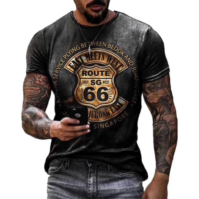 Summer Men's T Shirts Oversized Loose Clothes Vintage Short Sleeve Fashion America Route 66 Letters Printed O Collared T shirts