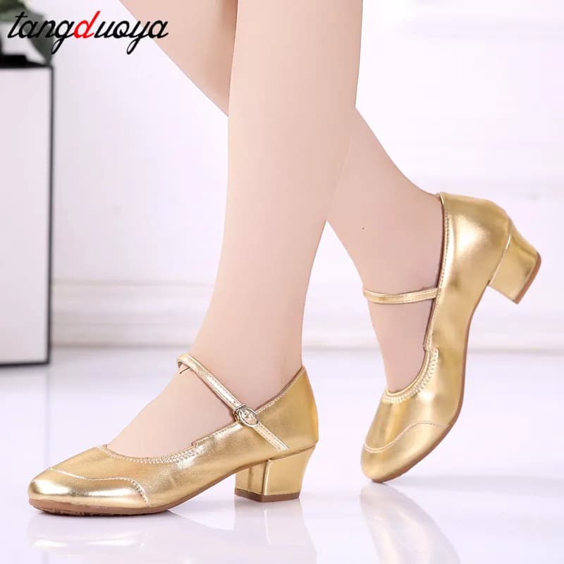 Latin Dance Shoes Gold Silver Salsa Tango Dancing Shoes square heels 4cm Girls women Practice Ballroom Dance Shoes