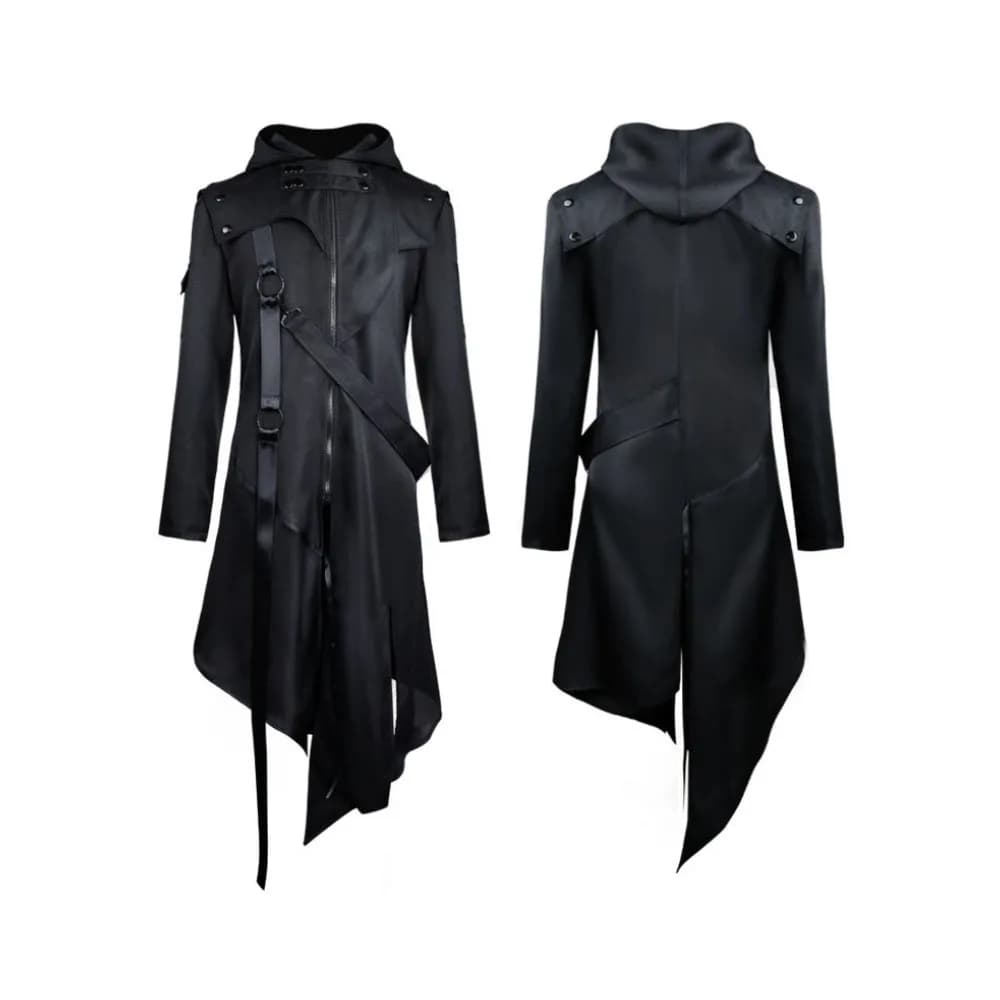 Medieval Men Gothic Coat Irregular Hooded Hip Hop Trench Coat Steampunk Long Black Design Overcoat Assassin Cosplay Costumet