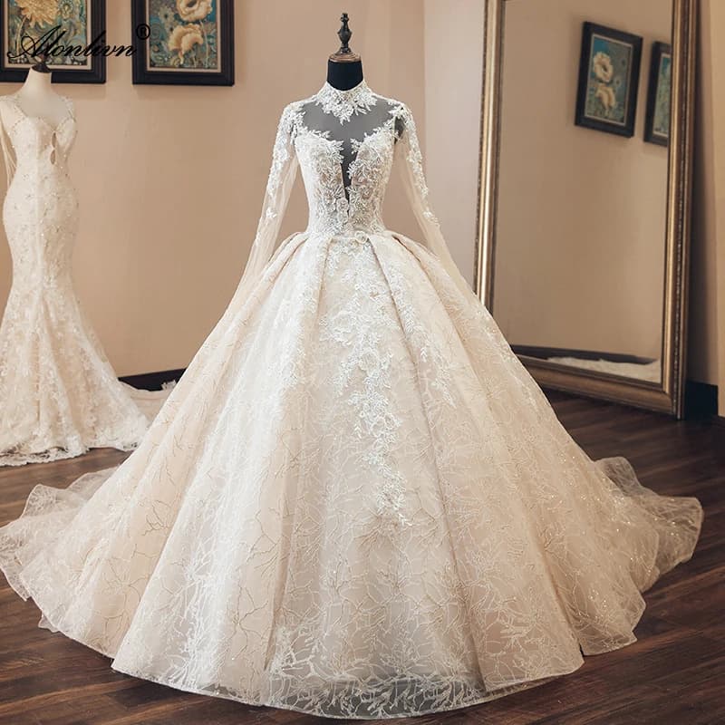 Alonlivn Brilliant Lace High Collar Wedding Gowns Long Sleeves Beading Crystals Appliques Ball Gown Bride Dress Customize