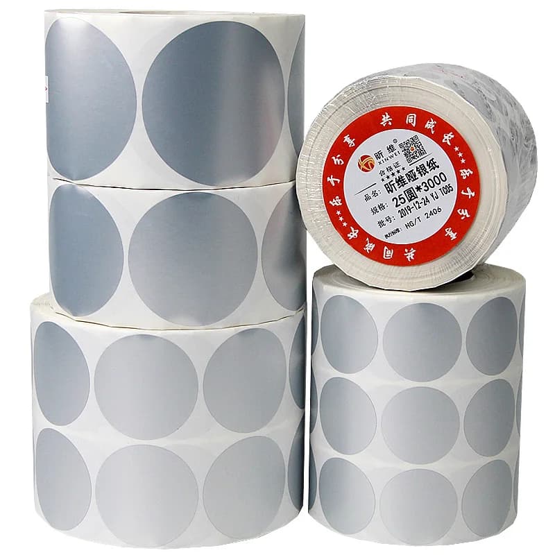 Round Silver PET Sticker Paper Diameter 25, 30, 40, 50, 60mm Thermal Transfer Carbon With Bar Code Printer