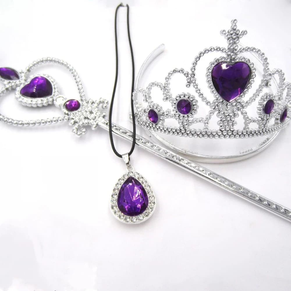 3pcs/set NEW Baby Girls Presents The First Purple Teardrop Amulet Pendant PU Leather Necklacs Tiara Crown Magic Wand Jewelry Set
