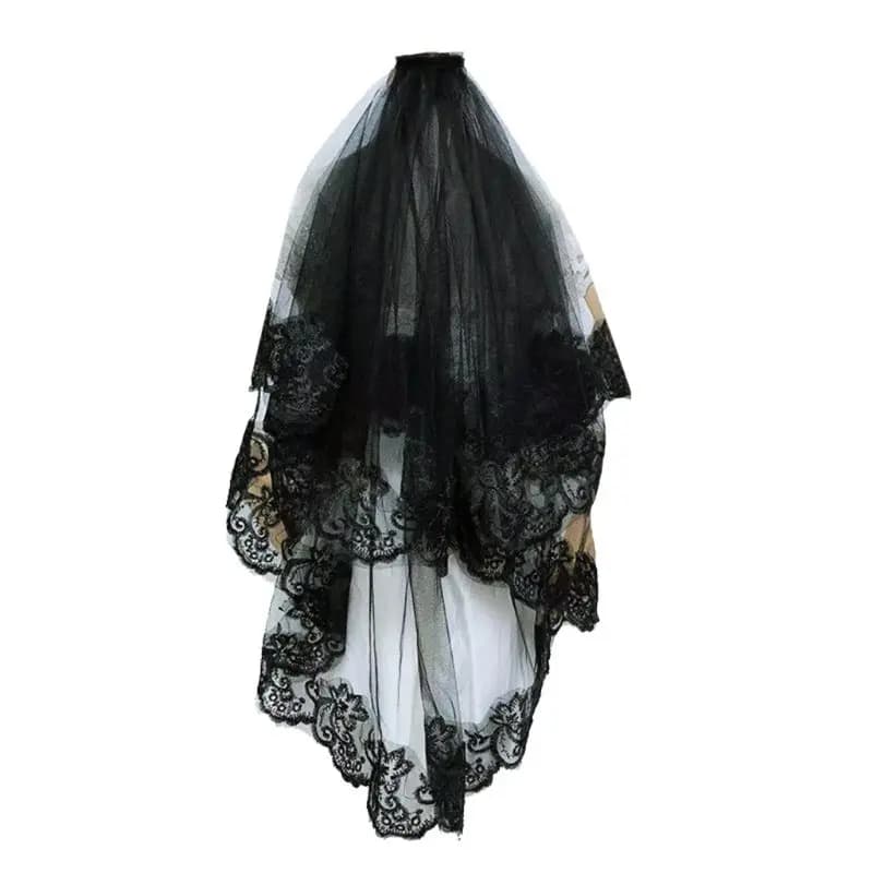 One-Layer Women Girl Black Mantilla Wedding Veil Embroidery Floral Lace Trim Halloween Cosplay Costume Sheer Hair Accessories
