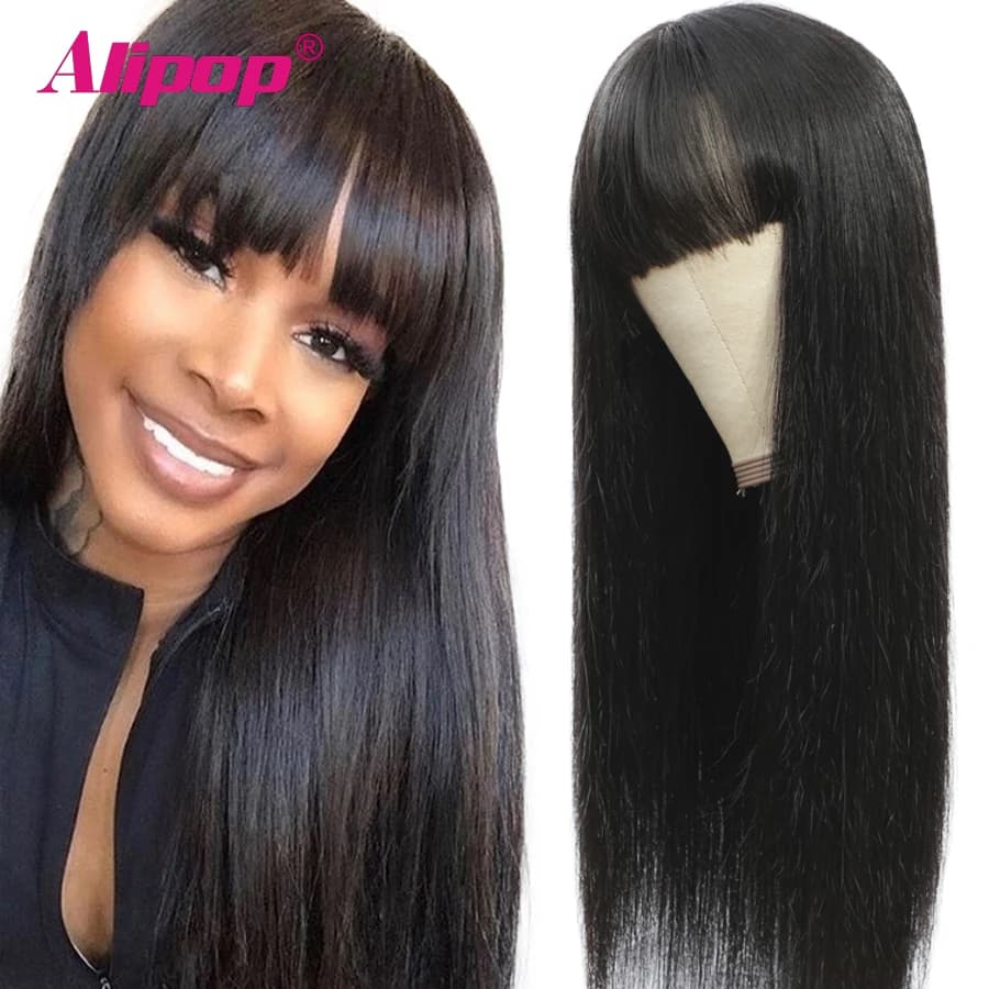 Straight Human Hair Wigs With Bangs Full Machine Made Wig Alipop Cheap Human Hair Wigs For Women Brazilian Remy Hair Can Be Dyed