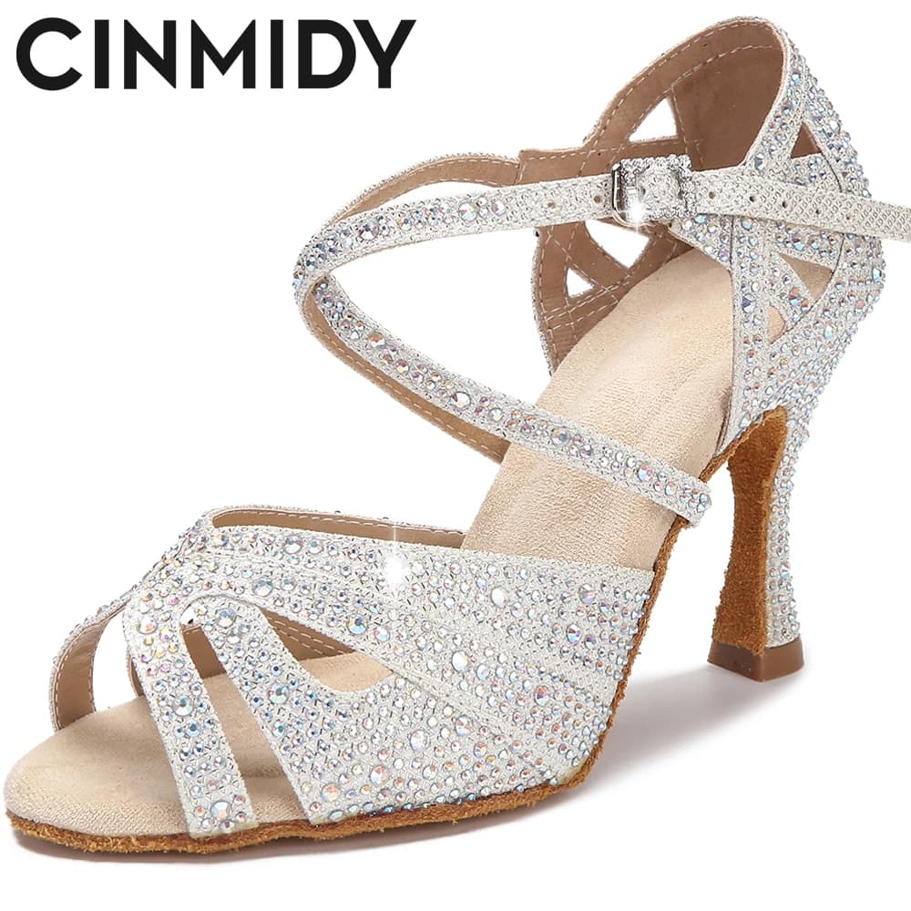CINMIDY Rhinestone Latin Dance Shoes Tango Ballroom Dance Shoes Ladies High Heels Soft Sole Women Sandals  Wedding Shoes Women