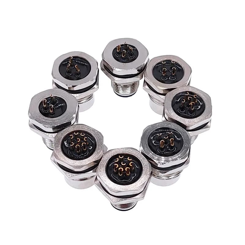 Front nut flange socket 3/4/5/8pin M1216 screw threaded male female M16 M12 waterproof sensor connector mounting hole 16mm