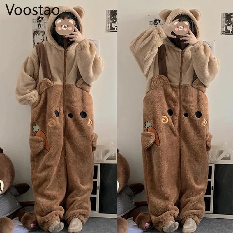 Autumn Winter Women Cute Onesies Pajamas Coral Fleece Warm Cartoon Bear Ears Hooded Sleepwear Girls Sweet Home Clothes Pyjamas