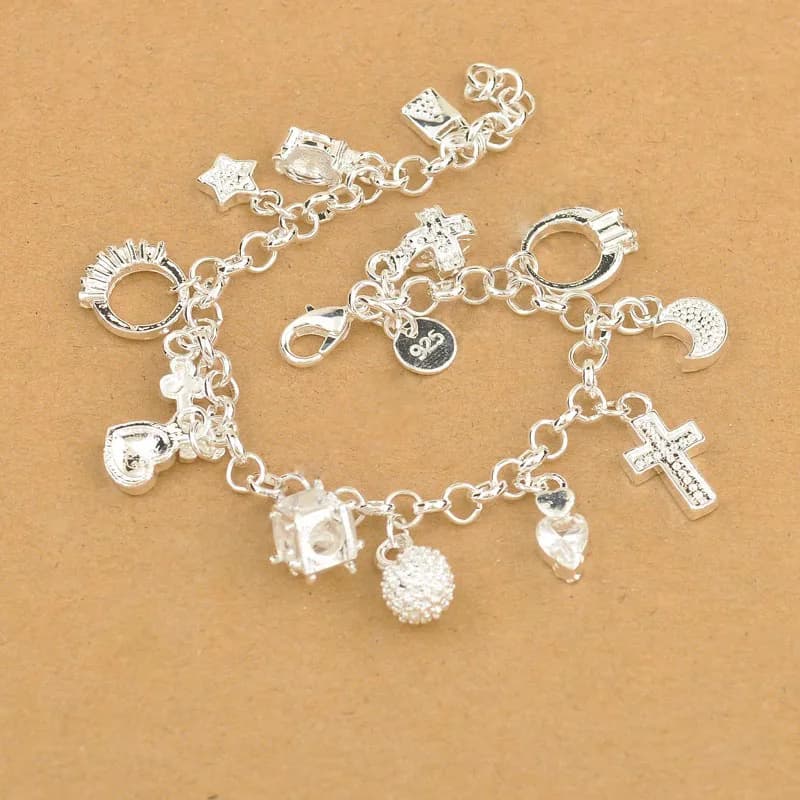 Exquisite Top Quality 100% 925 Sterling Silver Charm Pendants Woman Bracelet,Nice Cross Moon Heart Clock  Pendant Jewelry