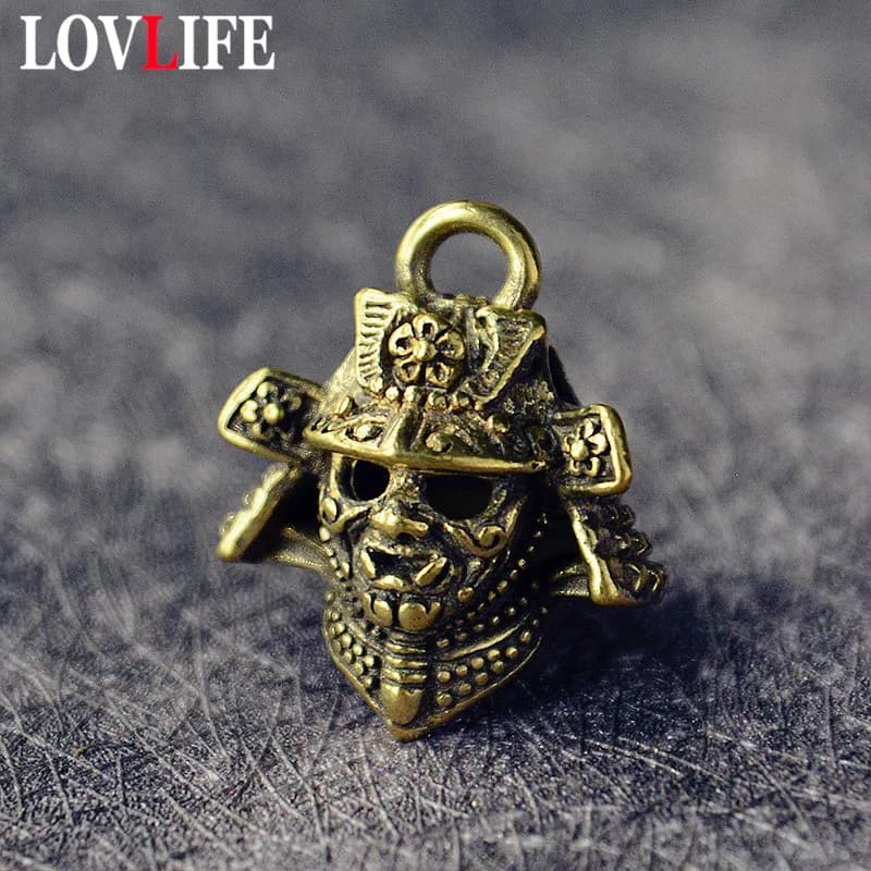 Retro Brass Japanese Samurai Helmet Mask Key Chain Pendant Copper Lanyard Multifunction Keyring Pendant Necklace DIY Accessories