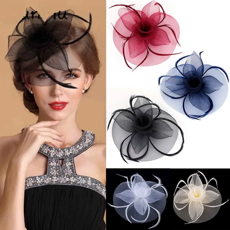 Fashion Handmade Lady Women Fascinator Bow Hair Clip Headwear Lace Feather Mini Hat Wedding Party Accessory Race 5 Colors