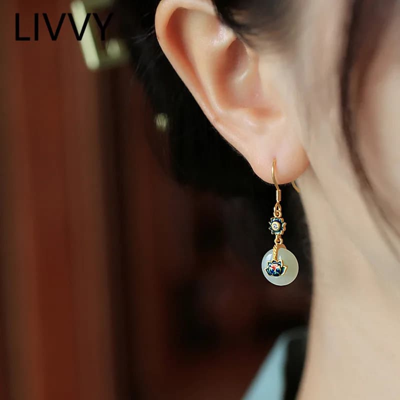 LIVVY Gold Color  Retro Crystal Stone Lotus Pendant Earrings For Women Chinese Style Unique Fashion Luxury Charm Jewelry