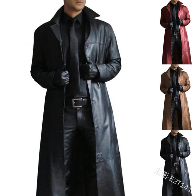 Plus Size Fashion Men Medieval Steampunk Long Leather Jackets Vintage Autumn Winter Outerwear Faux Leather Trench Coat Cardigans
