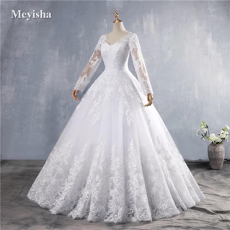 Customized ZJ9160 2024 New Crystal White Long Sleeve Lace Bottom Vintage Wedding Dresses For Brides Plus Size Maxi Size