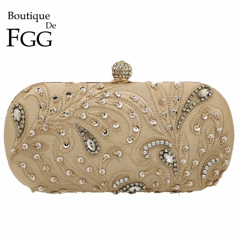 Boutique De FGG Vintage Sequins Crystals Women Beaded Evening Clutch Bags Bridal Wedding Party Flower Beading Handbags Purses