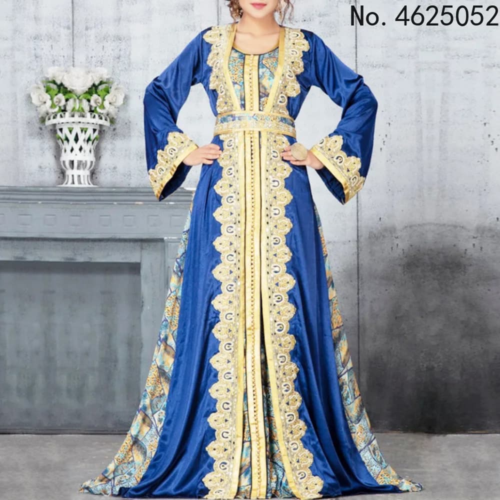 Moroccan Party Kaftan 2 Pieces Muslim Sets Women Dress+Belted Printed Abaya Ramadan Arabic Wedding Evening Dresses Abaya