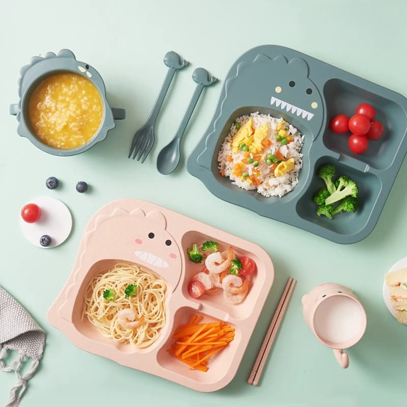 Baby Dinosaur Tableware 6PCS Kids Dinner Plate Natural Bamboo Fiber Bowl With Cup Spoon Plate Fork Drop-resistant Feeding Dishes