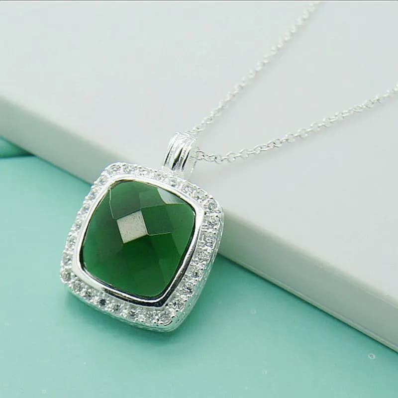 Luxury Jewelry Necklace 925 Sterling Silver Square Green Gem Pendant Necklaces For Woman Mother Best Gifts