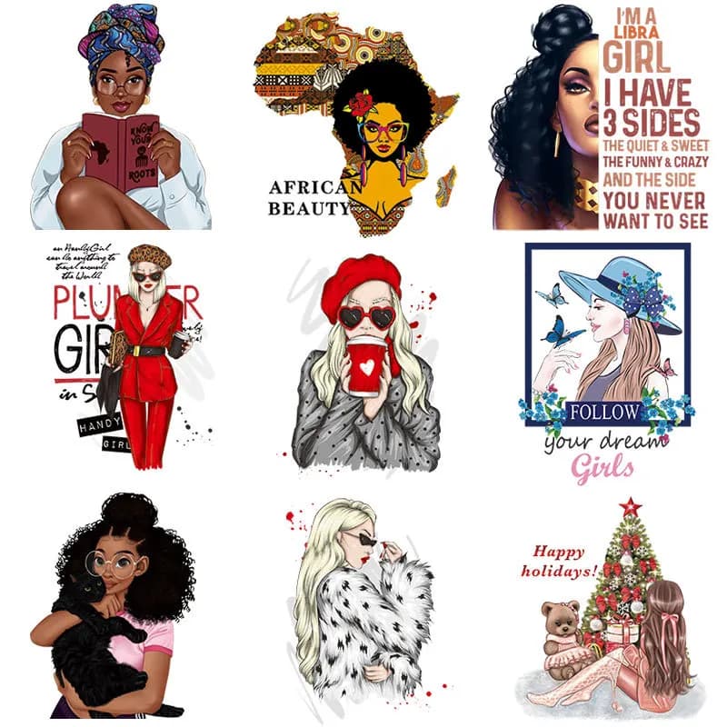 Drink coffee African Girl Beauty Patches DIY Thermal Transfer Stickers On Clothes Socks Hats A-Level Washable Girl Iron On Adhes