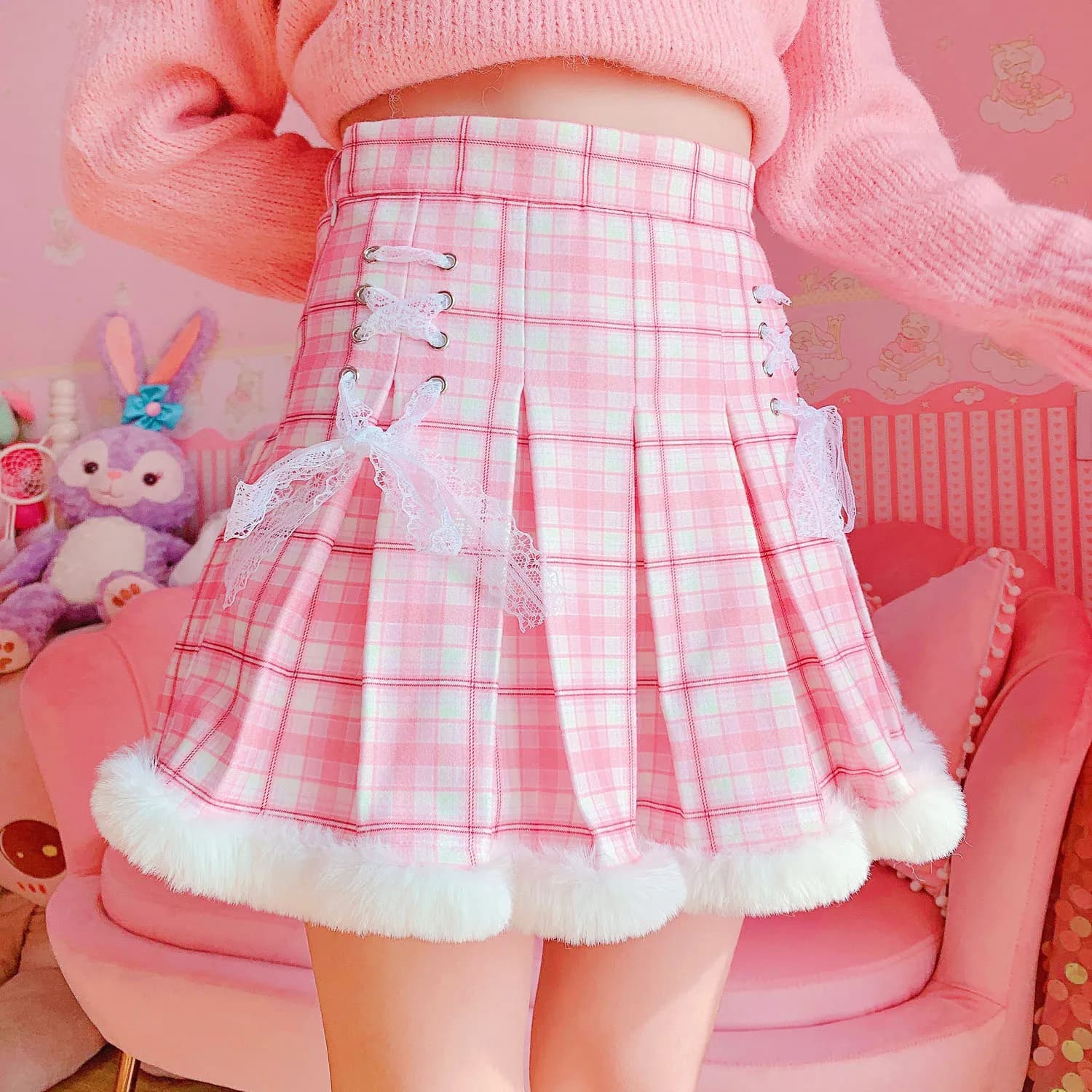 Winter Kawaii Pleated Mini Skirt Women Korean Fashion Plaid Cute Lace Cosplay School Gilr Lolita Female Warm Short Tutu Skirts